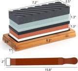 Knife Sharpening Whetstone Set - 4 Side Kit Grit 400/1000/3000/8000 Waterstone Sharpening Kit with Flattening Stone, Non-Slip Bamboo Wood Base, Polishing Compound, Cut Resistant Gloves, Angle Guide & Leather Strop