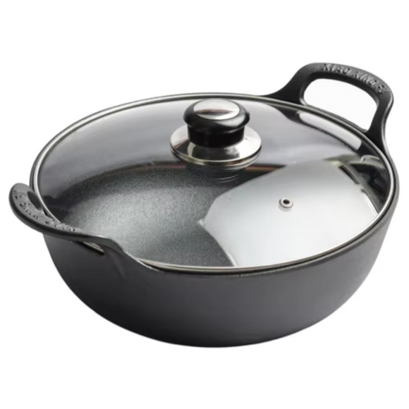 Yuan Bao Guo Cast Iron Wok with Glass Lid 20cm (8 inch) Pre-Seasoned