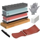 Knife Sharpening Whetstone Set - 4 Side Kit Grit 400/1000/3000/8000 Waterstone Sharpening Kit with Flattening Stone, Non-Slip Bamboo Wood Base, Polishing Compound, Cut Resistant Gloves, Angle Guide & Leather Strop